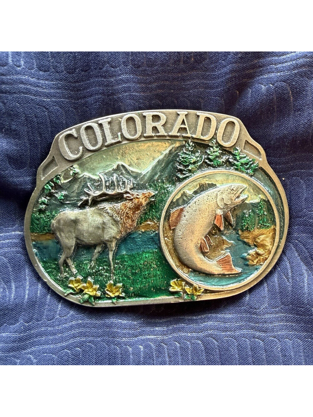 CJ Western Belt Buckle Colorado Elk & Fish Wildlife Scene Multicolor 1.5in